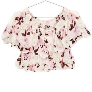Flynn Skye Blouse Womens Medium White Red Pink Floral Rose Chiffon Athen Top